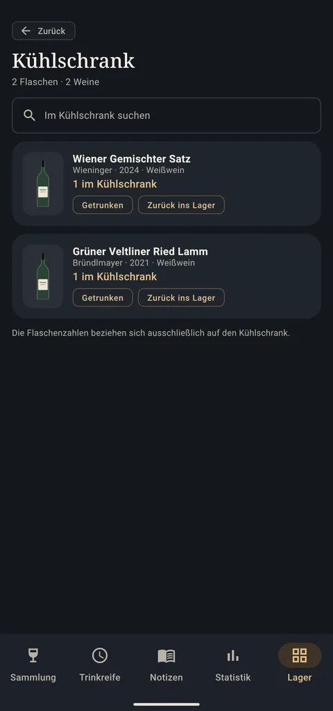 Kühlschrank mit zwei Weinen und den Knöpfen Getrunken und Zurück ins Lager