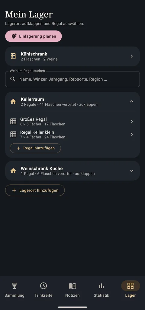 Bildschirm „Mein Lager“ mit aufgeklapptem Lagerort und zwei Regalen