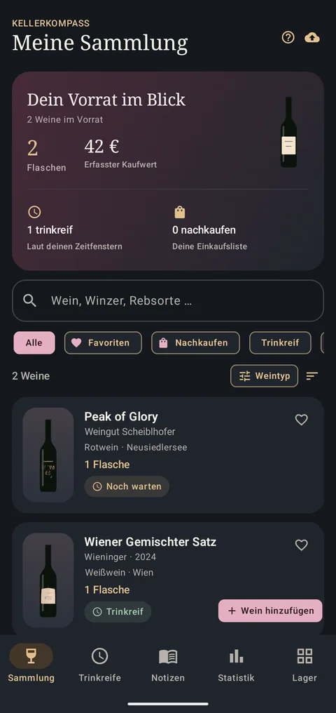 Bildschirm „Meine Sammlung“ mit Übersicht, Suche, Filtern und Weinliste