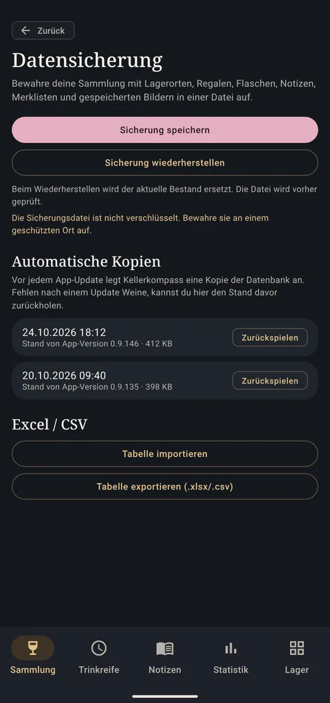 Bildschirm Datensicherung mit Sicherung, automatischen Kopien und Excel