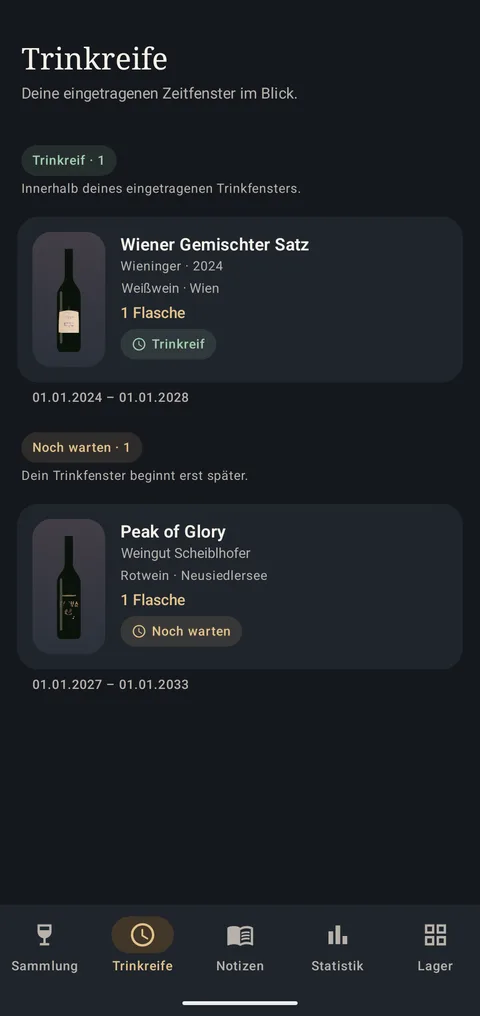 Bildschirm Trinkreife mit den Gruppen Trinkreif und Noch warten