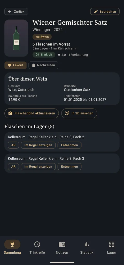 Wein-Seite mit Angaben, Knöpfen und den Flaschen im Lager