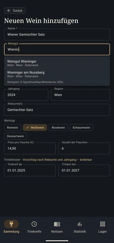 Formular „Neuen Wein hinzufügen“ mit Vorschlägen zum Weingut
